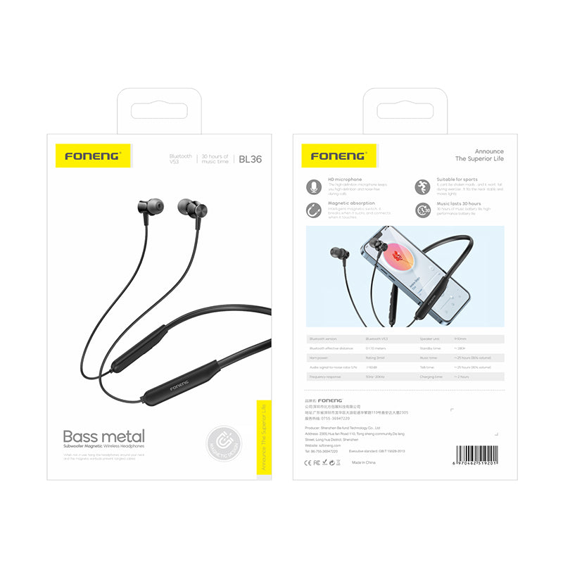 Foneng BL36 Bluetooth 5.3 Neckband 15h Deep Bass Mikrofon USB-C Černá