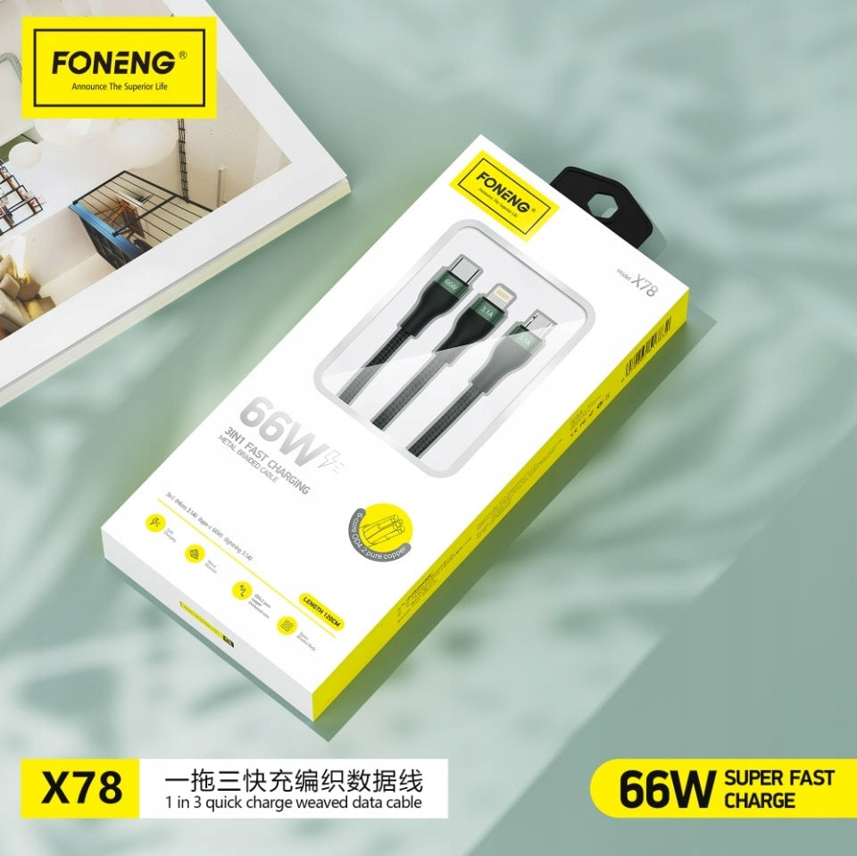 Foneng X78 3v1 Rychlonabíjecí Kabel 66W USB-C Lightning MicroUSB 1.2m