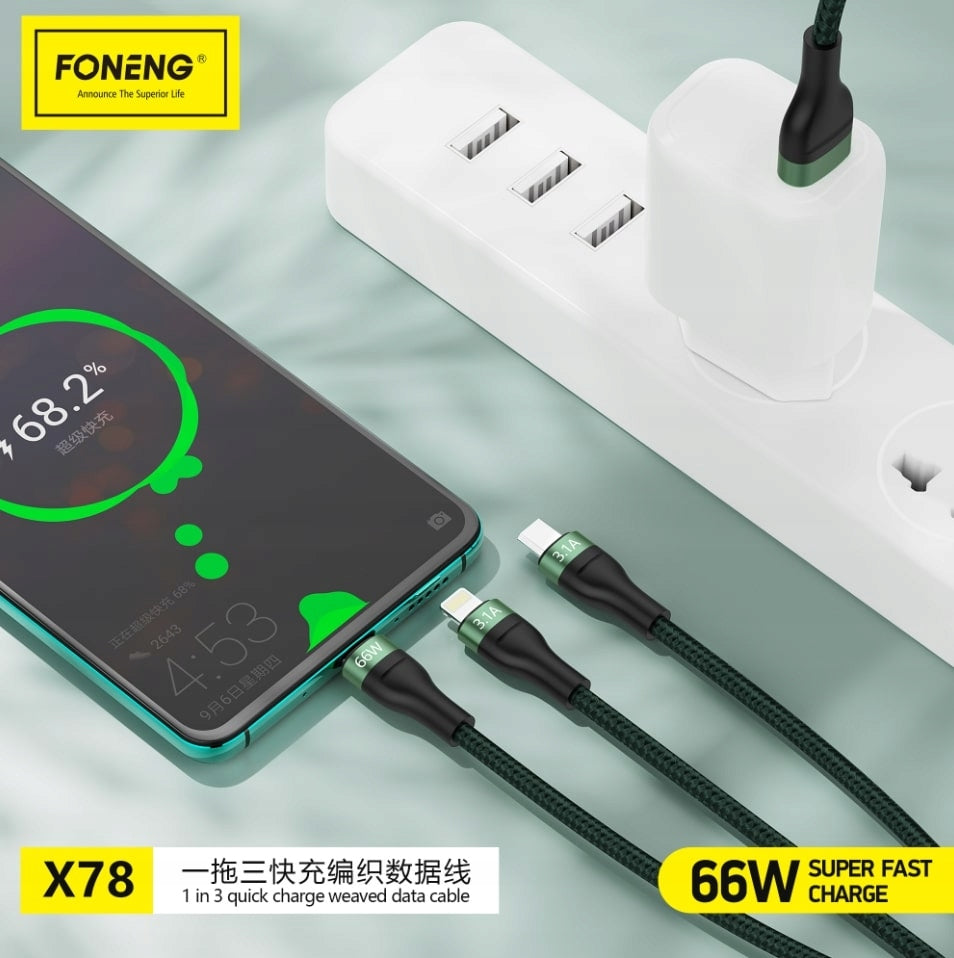Foneng X78 3v1 Rychlonabíjecí Kabel 66W USB-C Lightning MicroUSB 1.2m