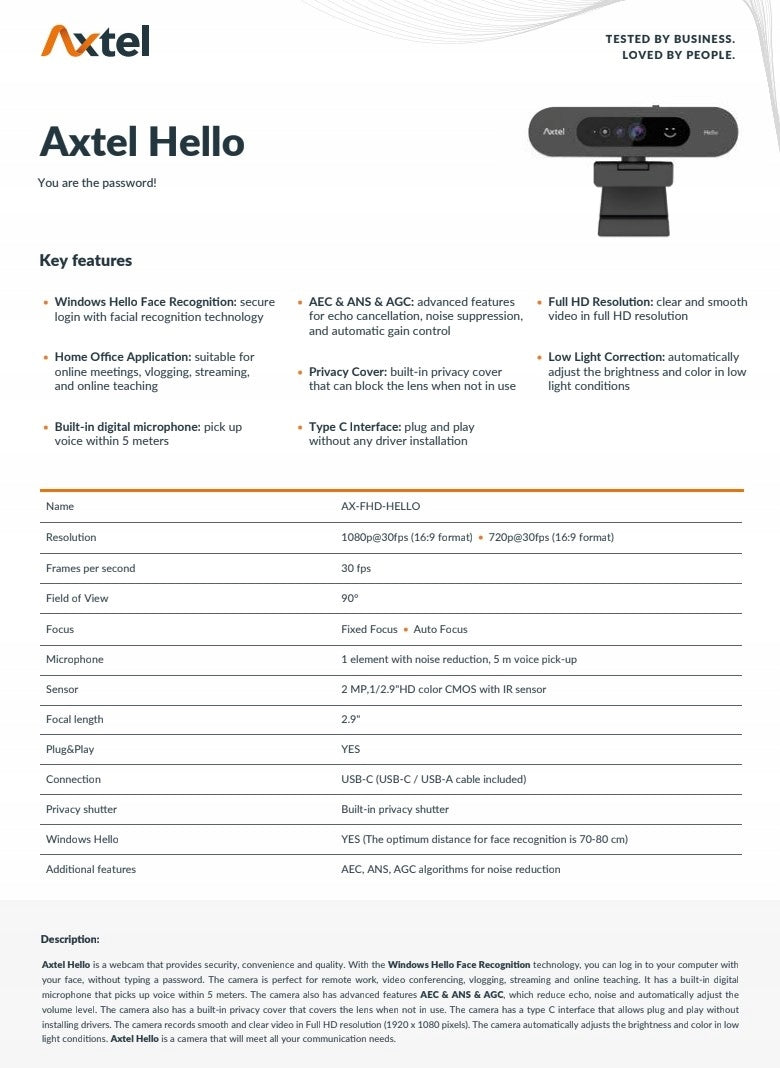 Webkamera Axtel AX-FHD Webcam Hello 2 MP