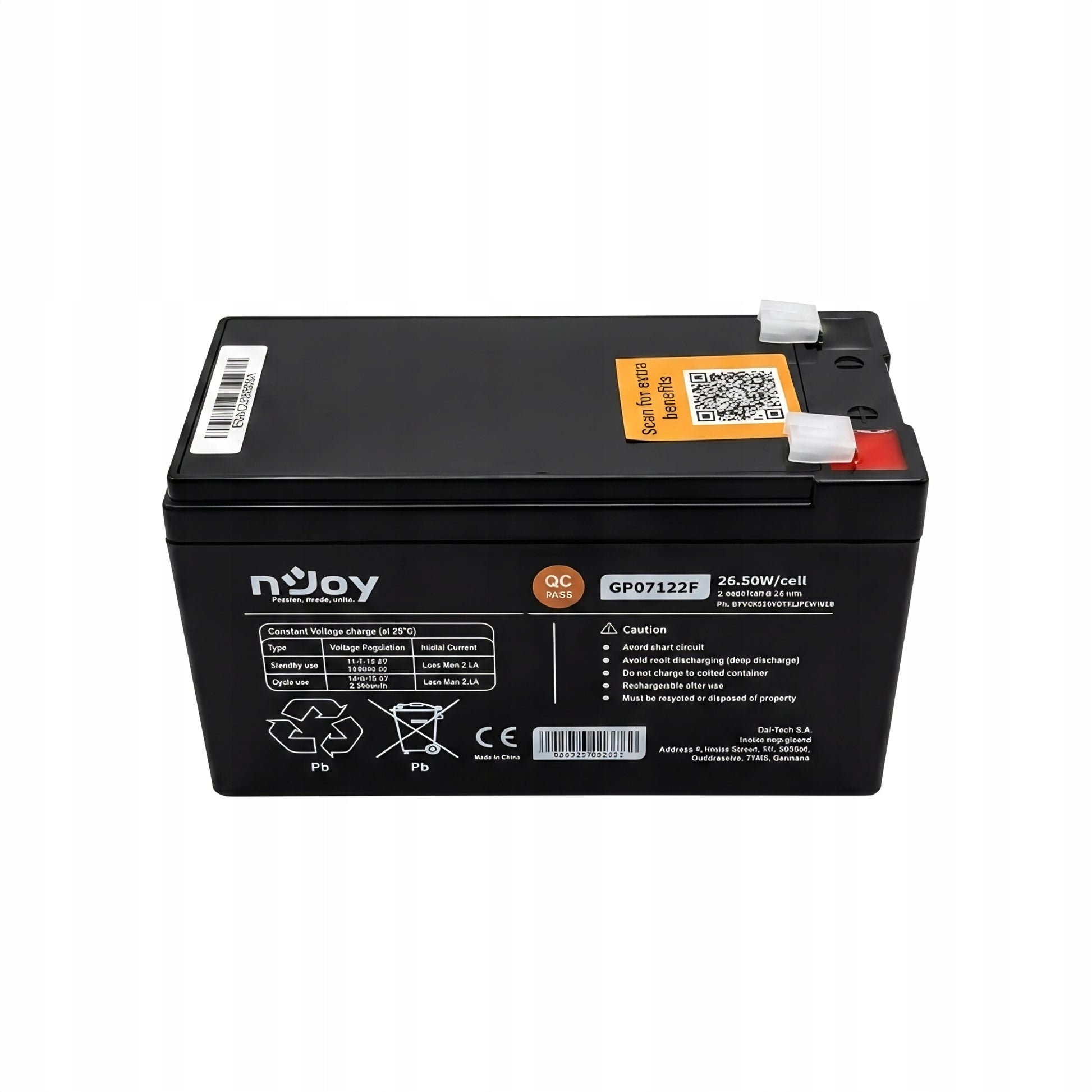 nJoy GP07122F 12V 7Ah AGM Bezúdržbová Baterie UPS F2 T2 5 let