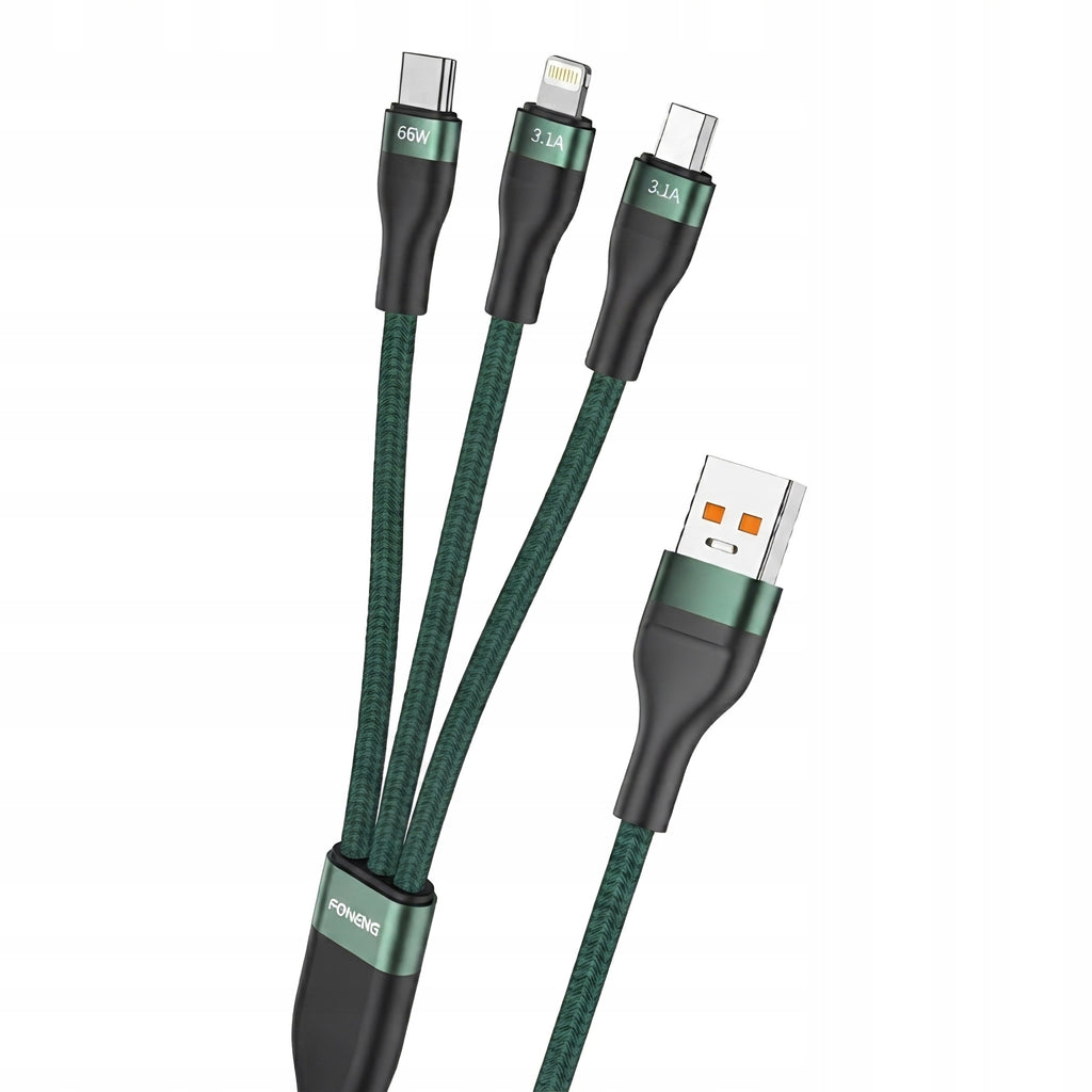 Foneng X78 3v1 Rychlonabíjecí Kabel 66W USB-C Lightning MicroUSB 1.2m
